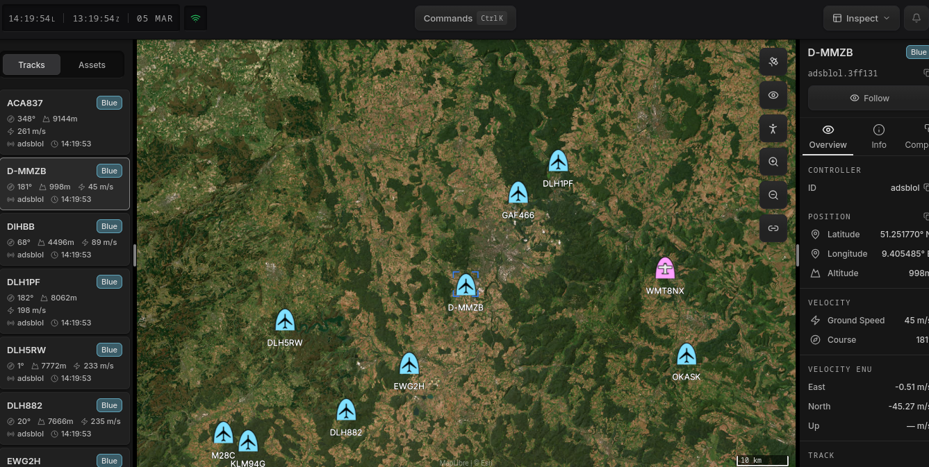 Map showing ADS-B aircraft entities