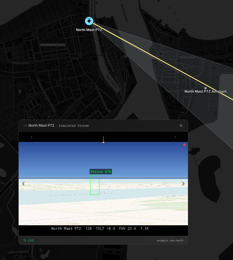 A mast camera with its coverage cone pointing at a separate aim point entity, and the live stream below showing the detection box behind it