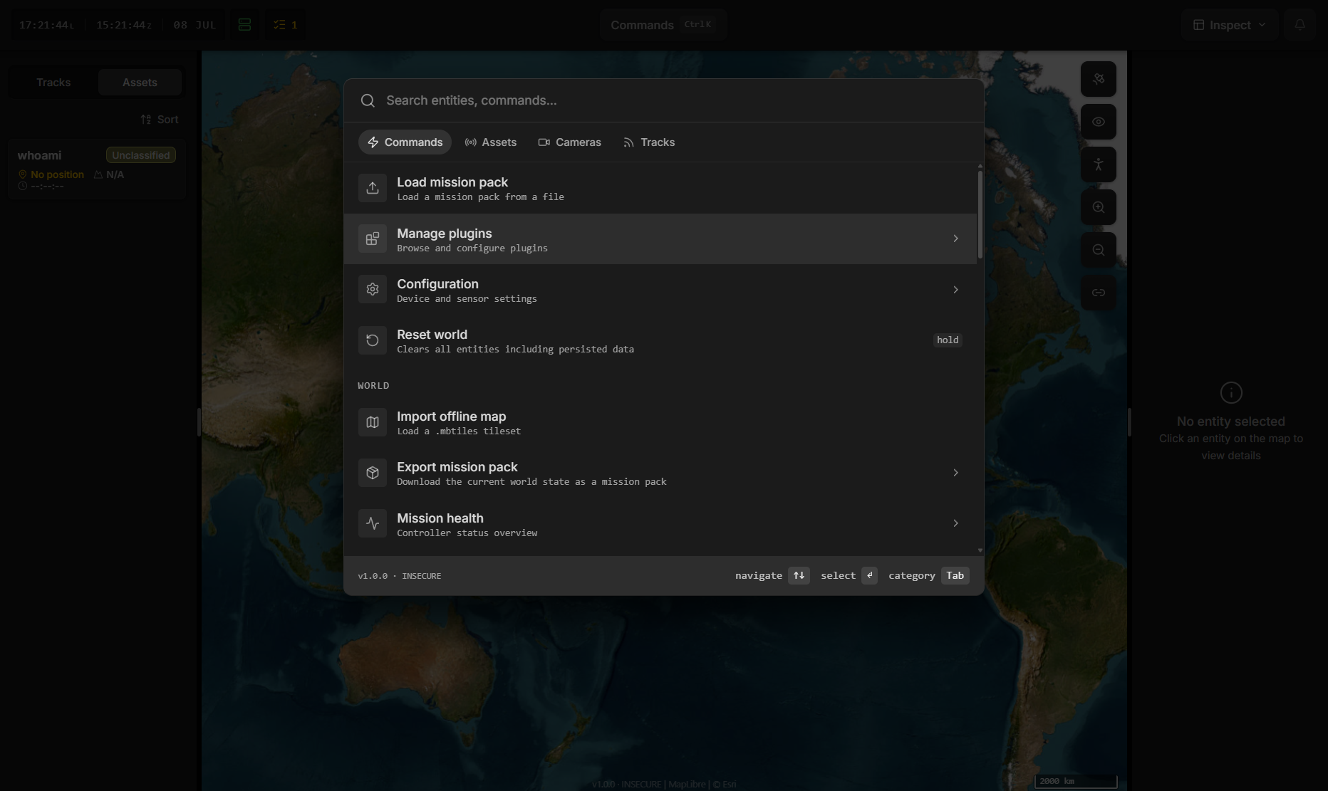 The Hydris command menu opened over the map, with Load mission pack and Manage plugins at the top