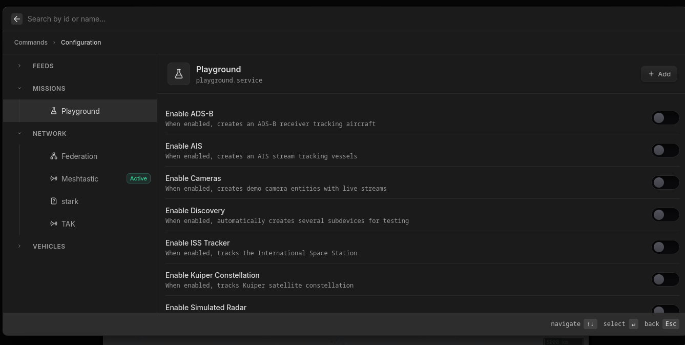 Hydris configuration menu showing missions and integrations