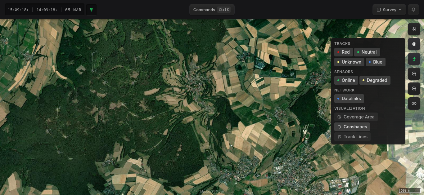 Map overlay filter panel showing track, sensor, network, and visualization toggles