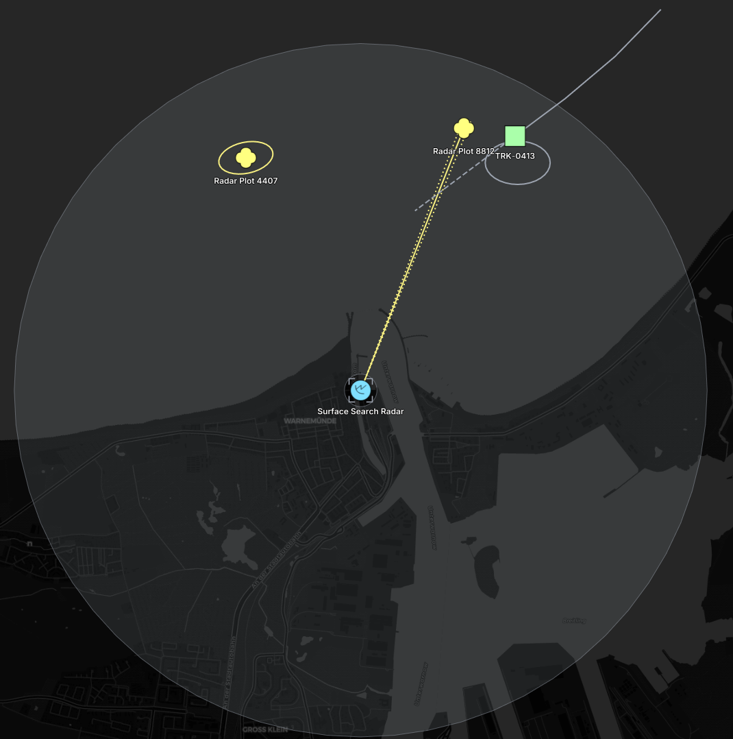 Radar coverage circle with two plots, one drawn as a line of bearing with error lines and one as an uncertainty ellipse, and the track fused from them