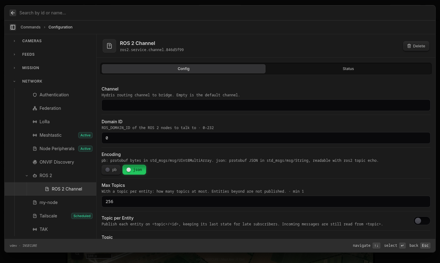 A new ROS 2 Channel under Network, ROS 2 with the json encoding selected