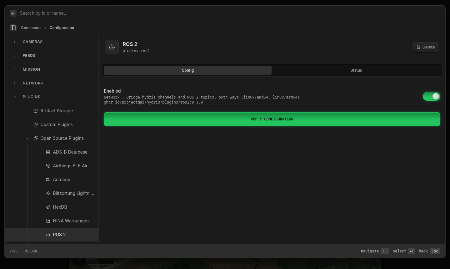 The ROS 2 plugin under Open Source Plugins with Enabled switched on
