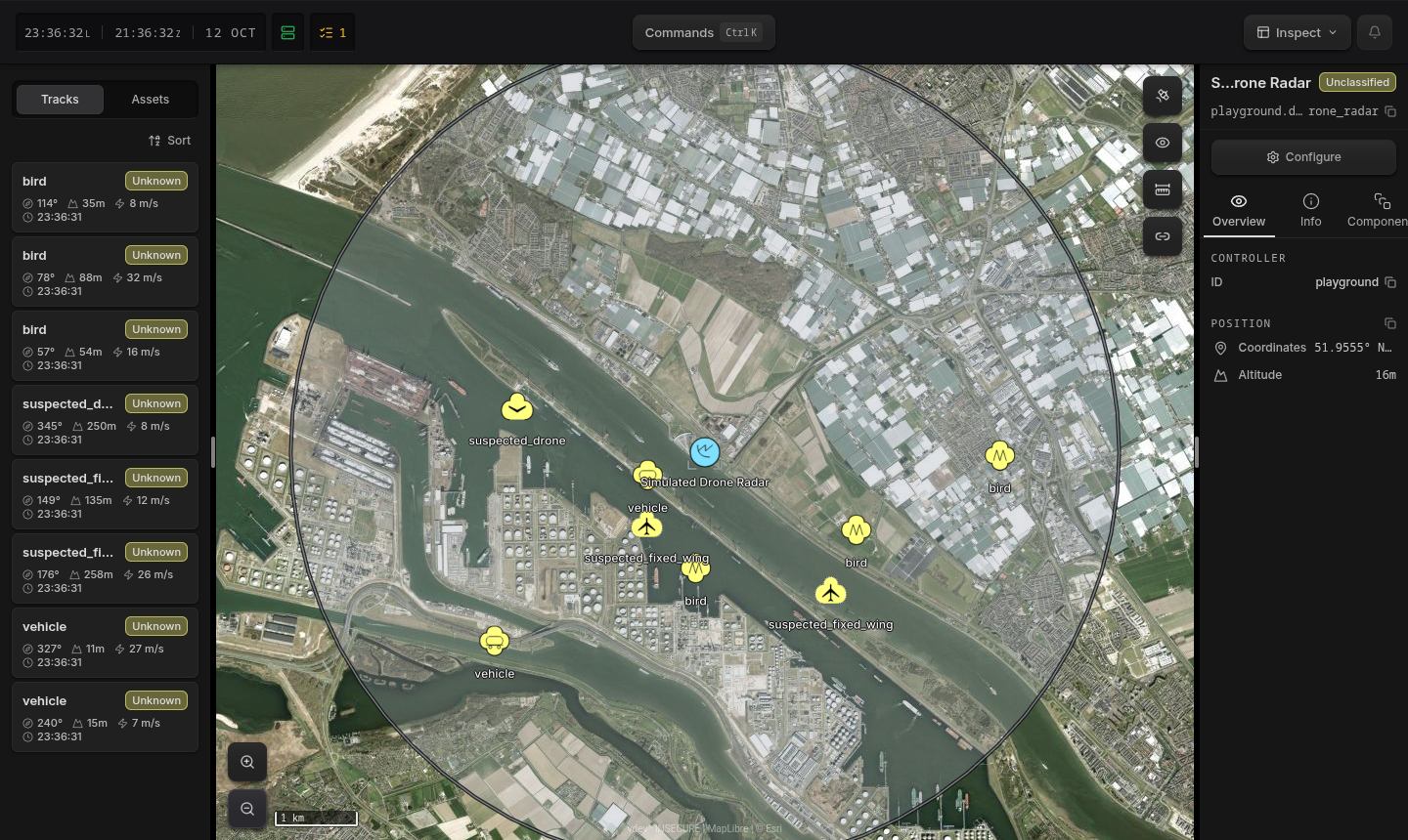 The simulated radar in the port of Rotterdam with its coverage circle and labelled tracks: a suspected drone, birds, a fixed-wing aircraft, and vehicles