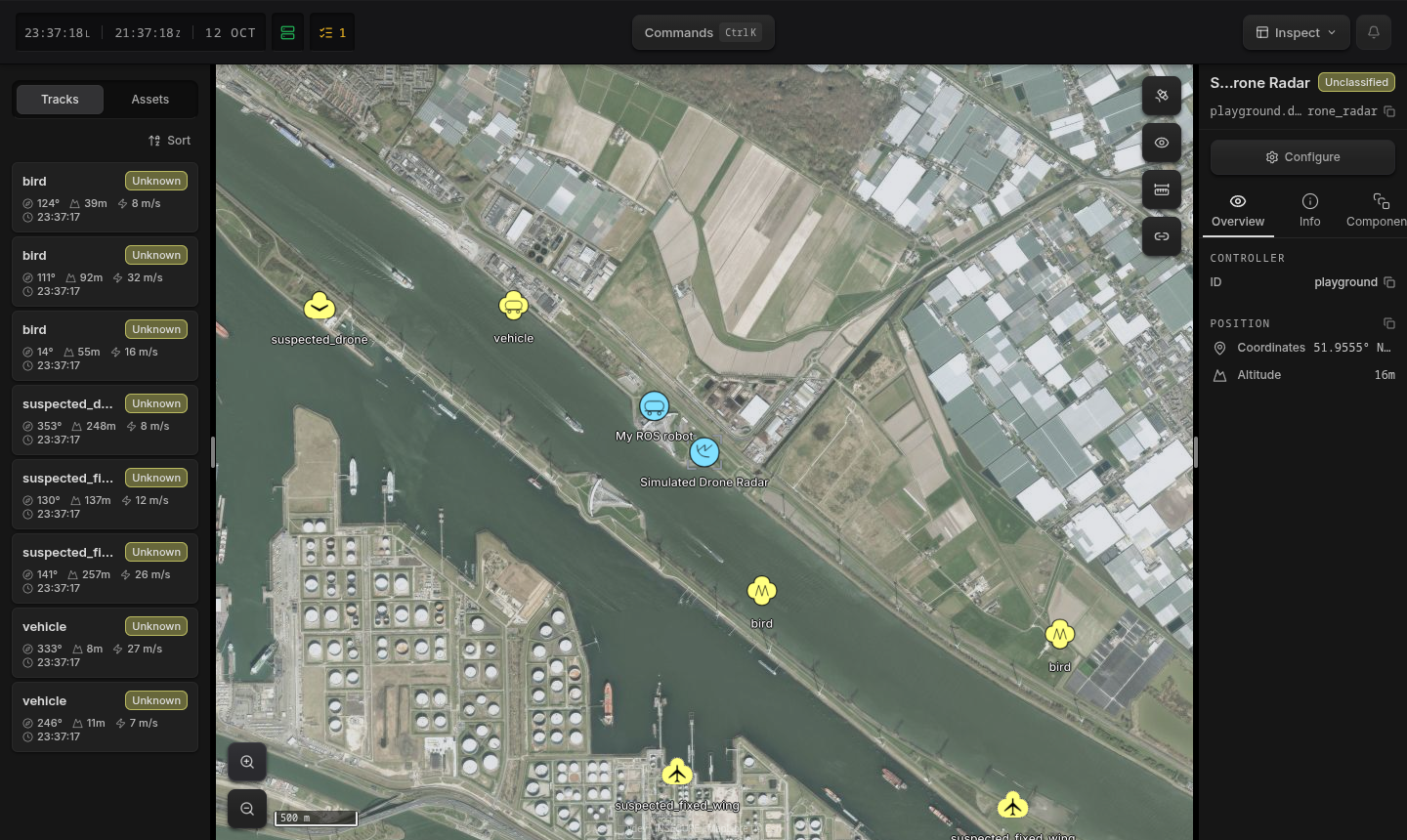 My ROS robot drawn as a friendly vehicle symbol next to the Simulated Drone Radar, with radar tracks around them