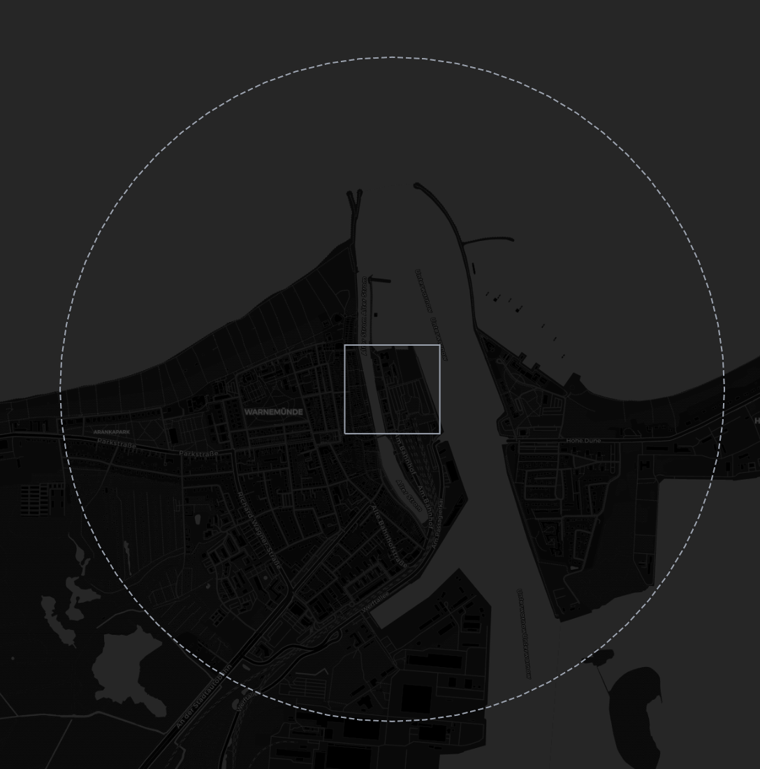A dashed circular zone and a rectangular outline drawn on the map as shape entities